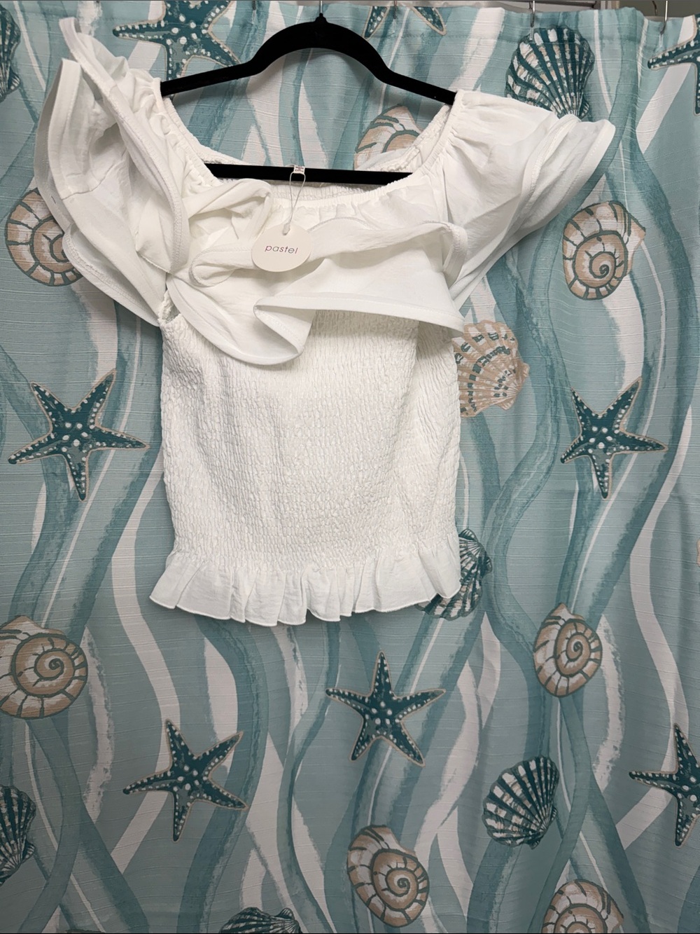 Pastels White Off-Shoulder Ruffle Smocked Women’s Top